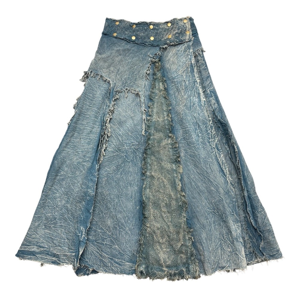 Distressed Maxi Skirt Grunge Fairycore Boho Frayed Raw Edge Y2K Blue Size S/M